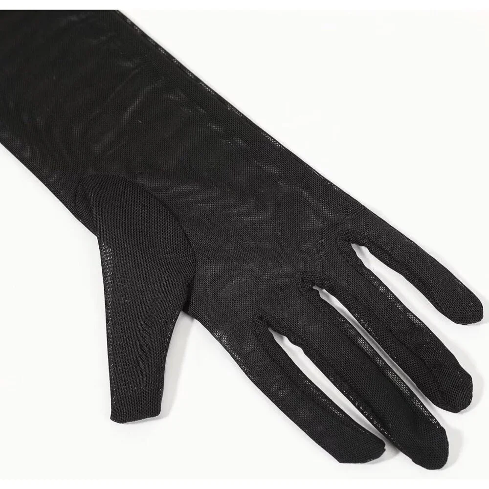 Women's Long Burgundy Ruffle Puff Cuff Sleeve Mesh Gloves Wedding Party Costume